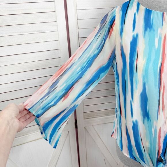 J.T.B. Paint Stroke Print Tie Front Bell Sleeve Blouse White Blue Petite Medium - Picture 7 of 13